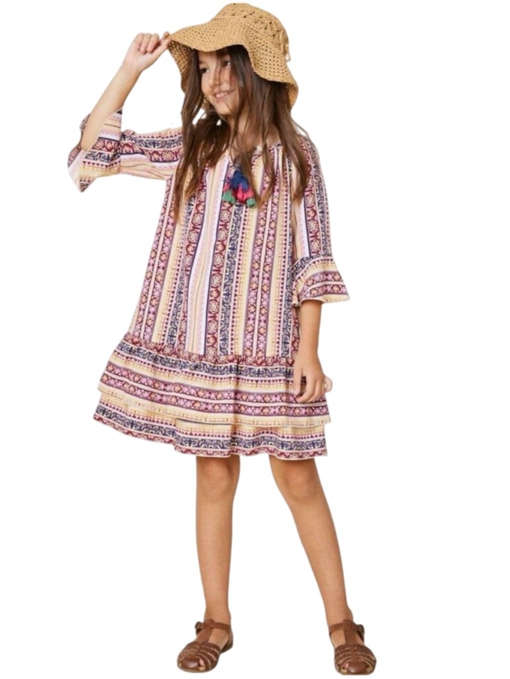 Hayden girls Patterned Tassel-Tie Peasant Dress - Small